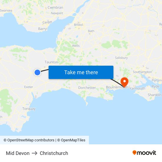 Mid Devon to Christchurch map