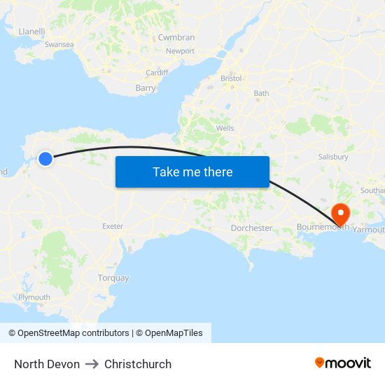 North Devon to Christchurch map