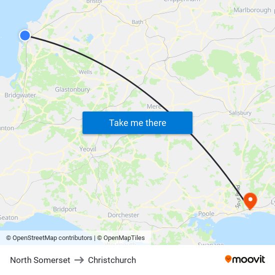 North Somerset to Christchurch map