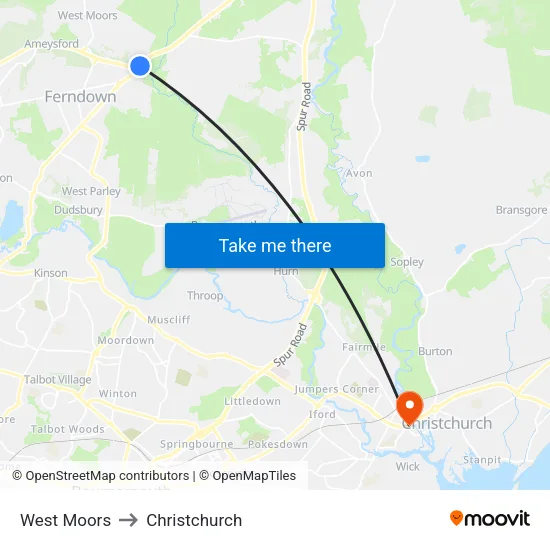 West Moors to Christchurch map