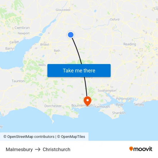 Malmesbury to Christchurch map