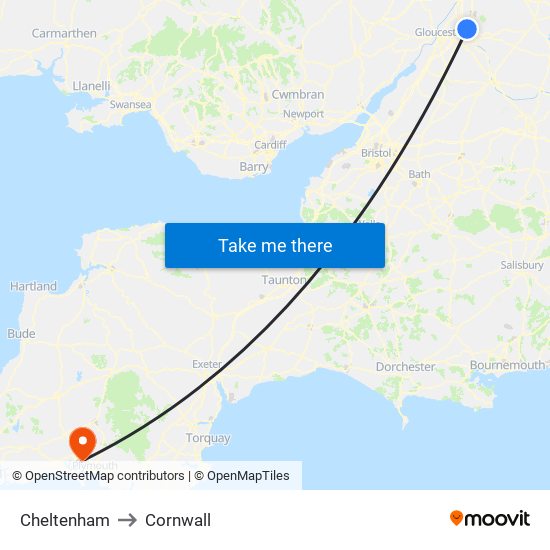 Cheltenham to Cornwall map