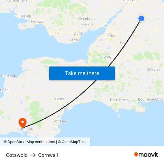 Cotswold to Cornwall map