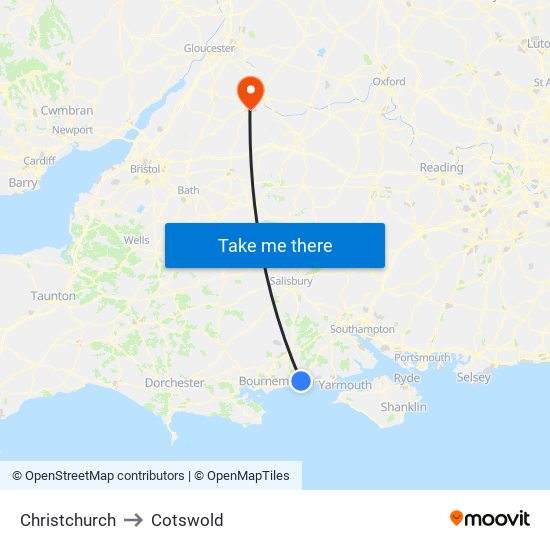 Christchurch to Cotswold map