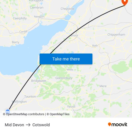 Mid Devon to Cotswold map