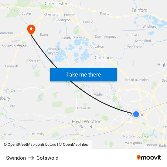 Swindon to Cotswold map