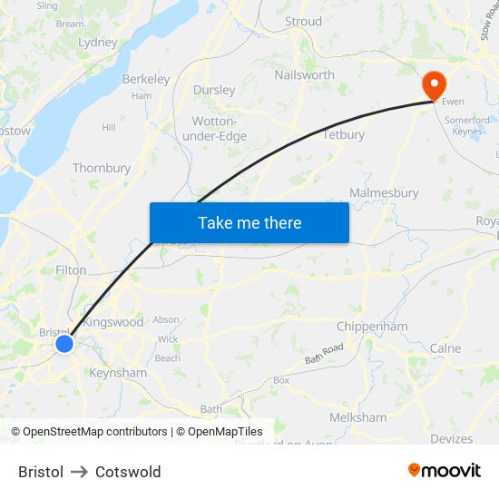 Bristol to Cotswold map