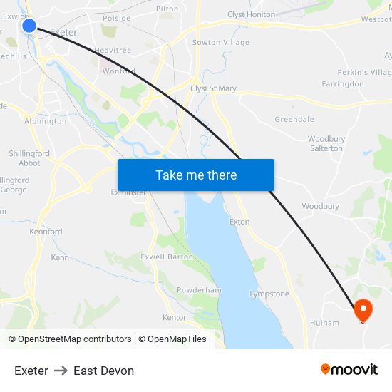 Exeter to East Devon map