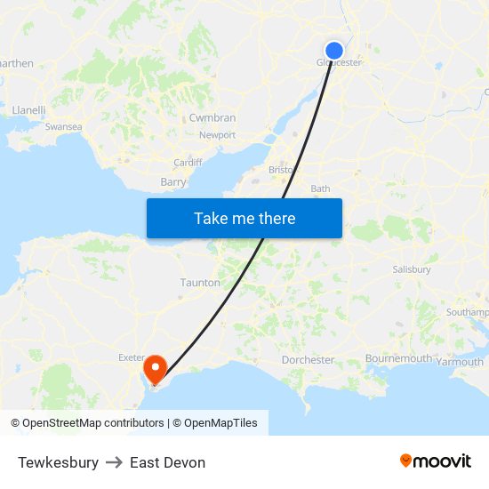 Tewkesbury to East Devon map