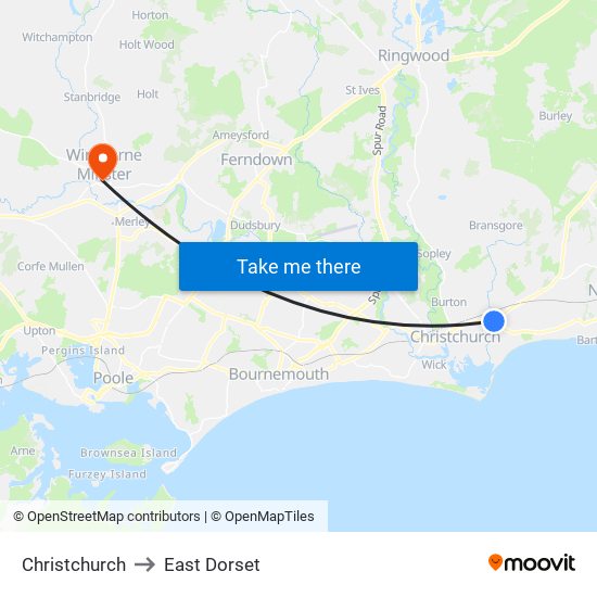 Christchurch to East Dorset map