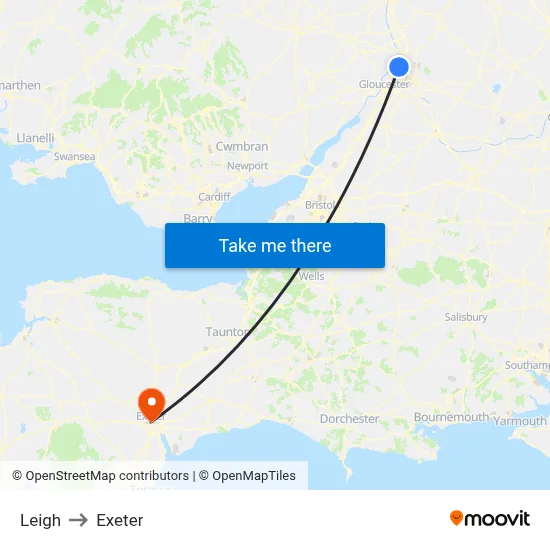 Leigh to Exeter map