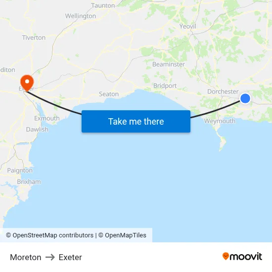 Moreton to Exeter map