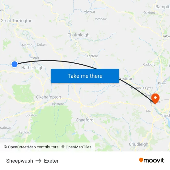 Sheepwash to Exeter map