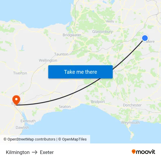 Kilmington to Exeter map