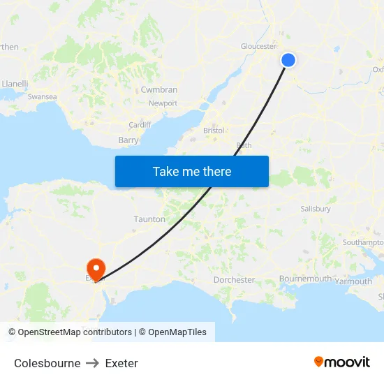 Colesbourne to Exeter map