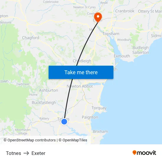 Totnes to Exeter map