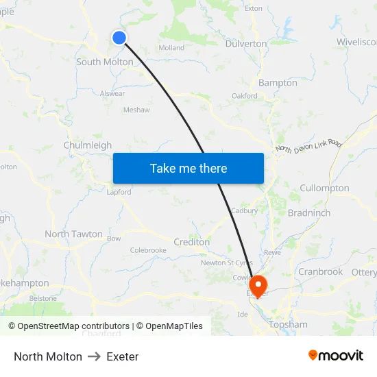 North Molton to Exeter map