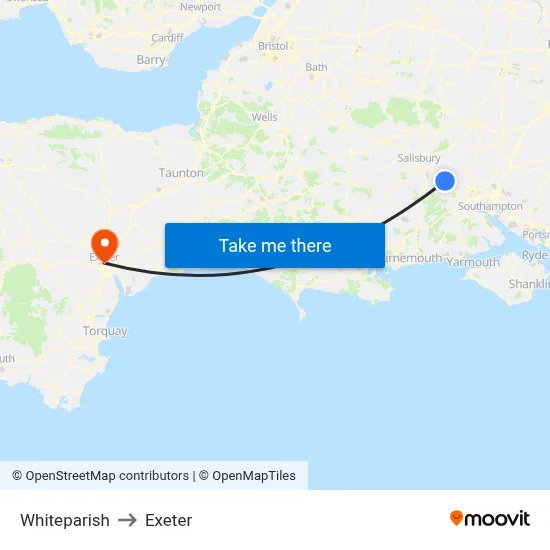 Whiteparish to Exeter map