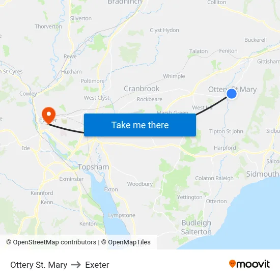 Ottery St. Mary to Exeter map