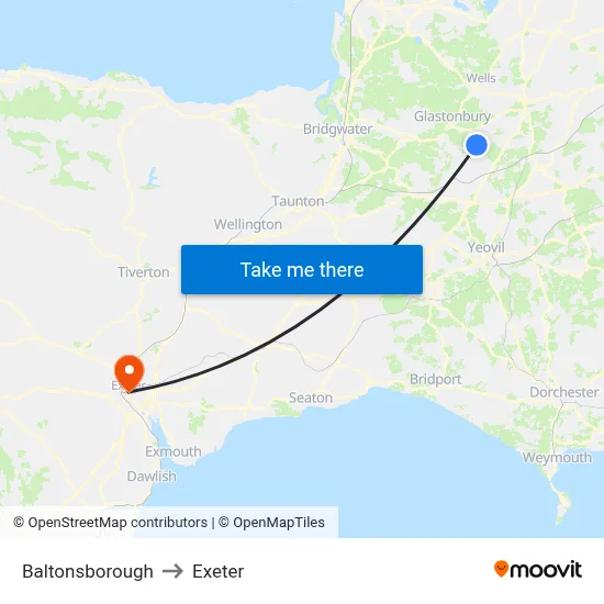 Baltonsborough to Exeter map