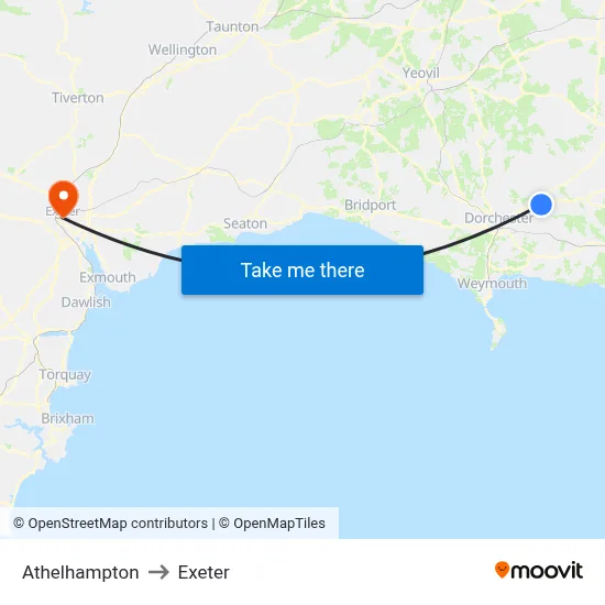 Athelhampton to Exeter map