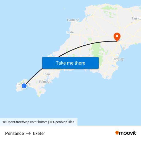 Penzance to Exeter map