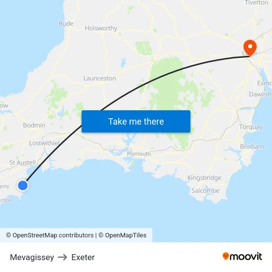 Mevagissey to Exeter map