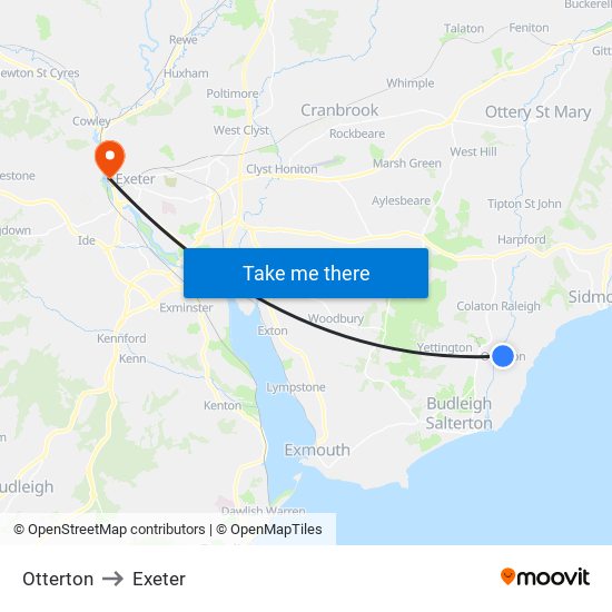 Otterton to Exeter map