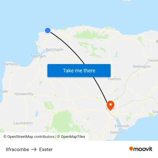 Ilfracombe to Exeter map