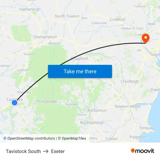 Tavistock South to Exeter map