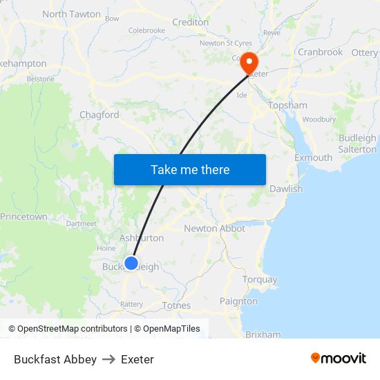 Buckfast Abbey to Exeter map