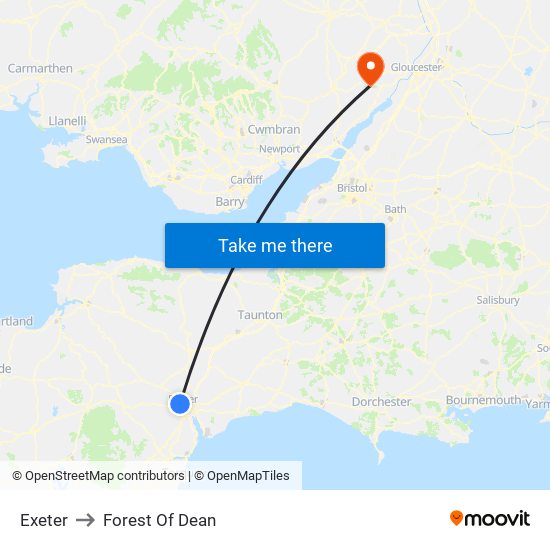 Exeter to Forest Of Dean map