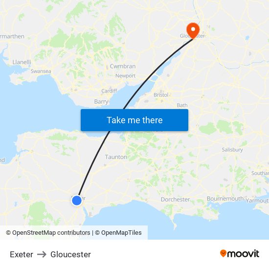 Exeter to Gloucester map