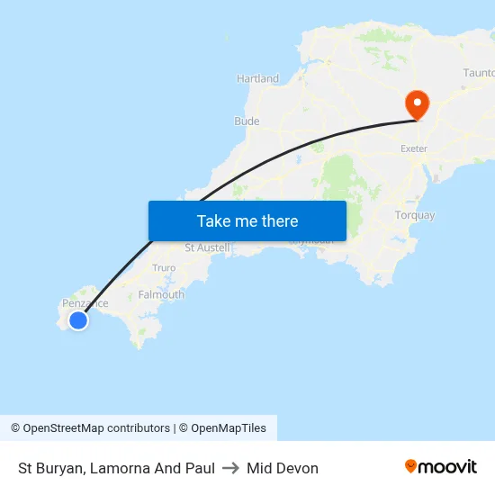 St Buryan, Lamorna And Paul to Mid Devon map