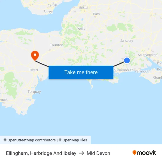 Ellingham, Harbridge And Ibsley to Mid Devon map