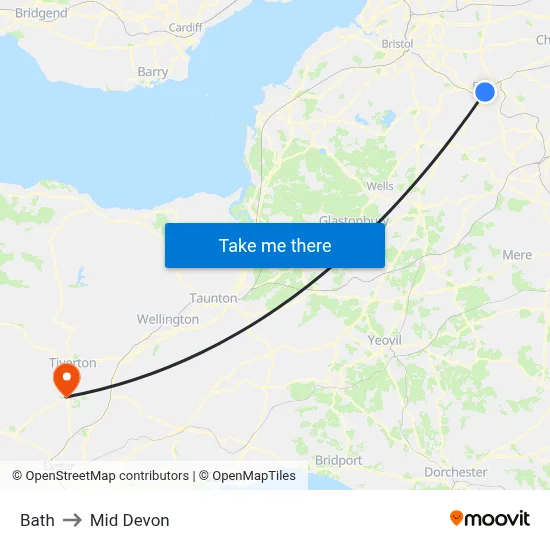 Bath to Mid Devon map