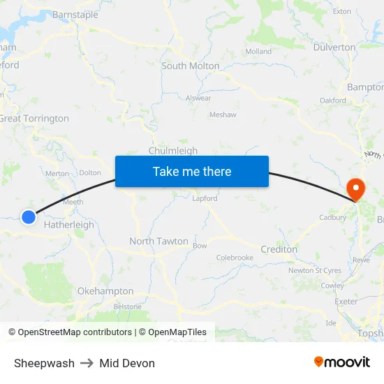 Sheepwash to Mid Devon map