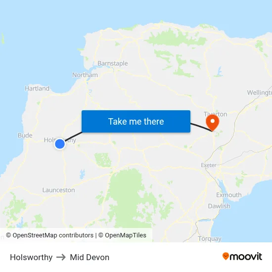 Holsworthy to Mid Devon map