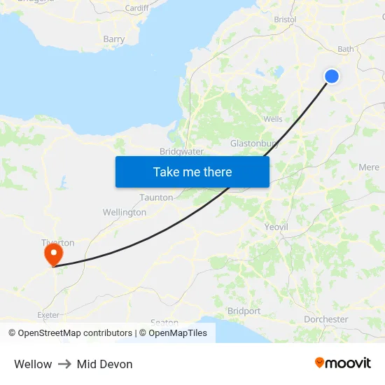 Wellow to Mid Devon map