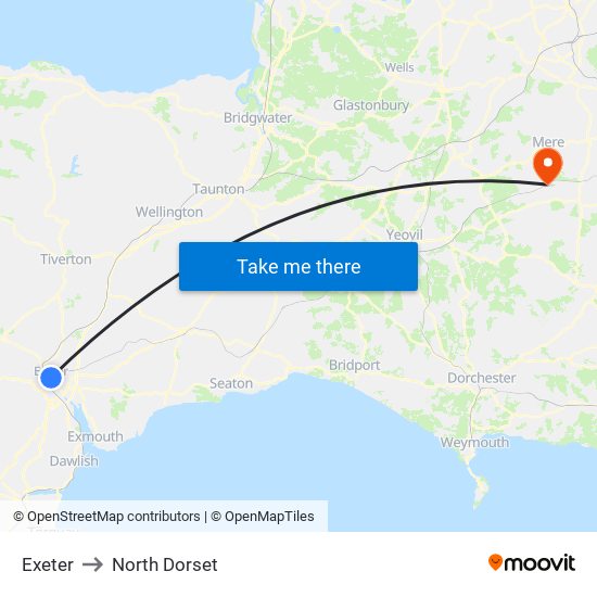 Exeter to North Dorset map