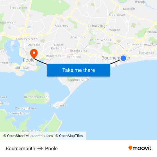 Bournemouth to Poole map