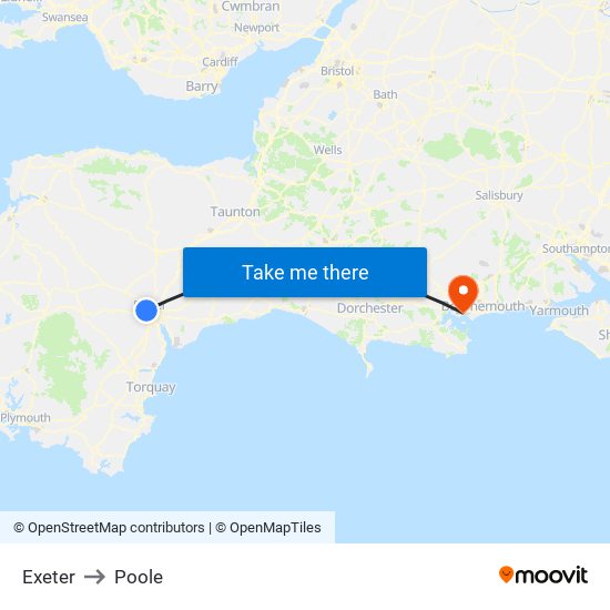Exeter to Poole map