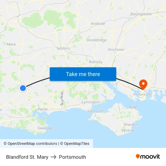 Blandford St. Mary to Portsmouth map