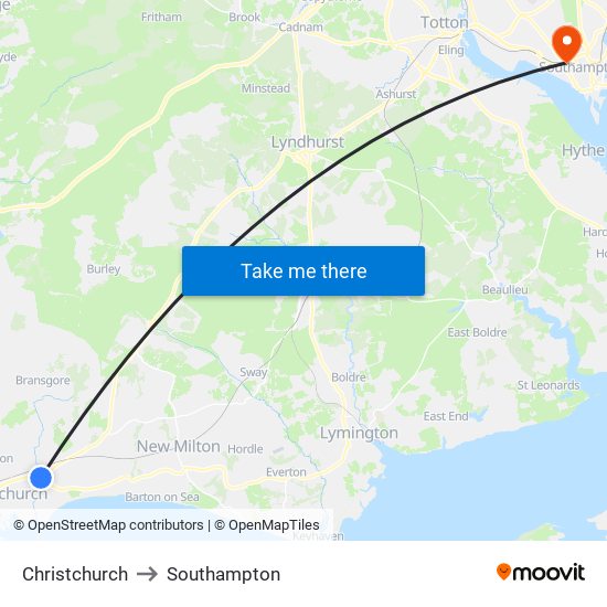 Christchurch to Southampton map