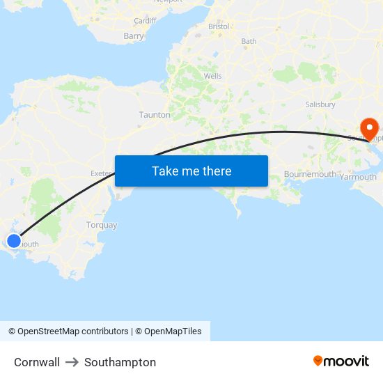 Cornwall to Southampton map