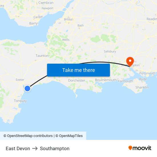 East Devon to Southampton map