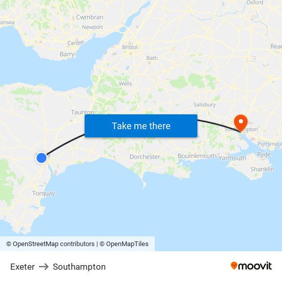 Exeter to Southampton map