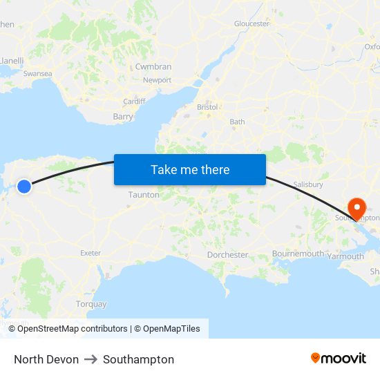 North Devon to Southampton map
