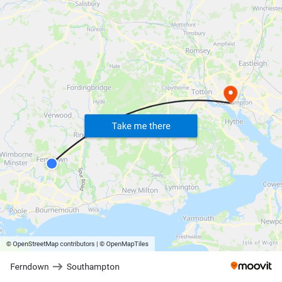 Ferndown to Southampton map