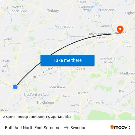 Bath And North East Somerset to Swindon map